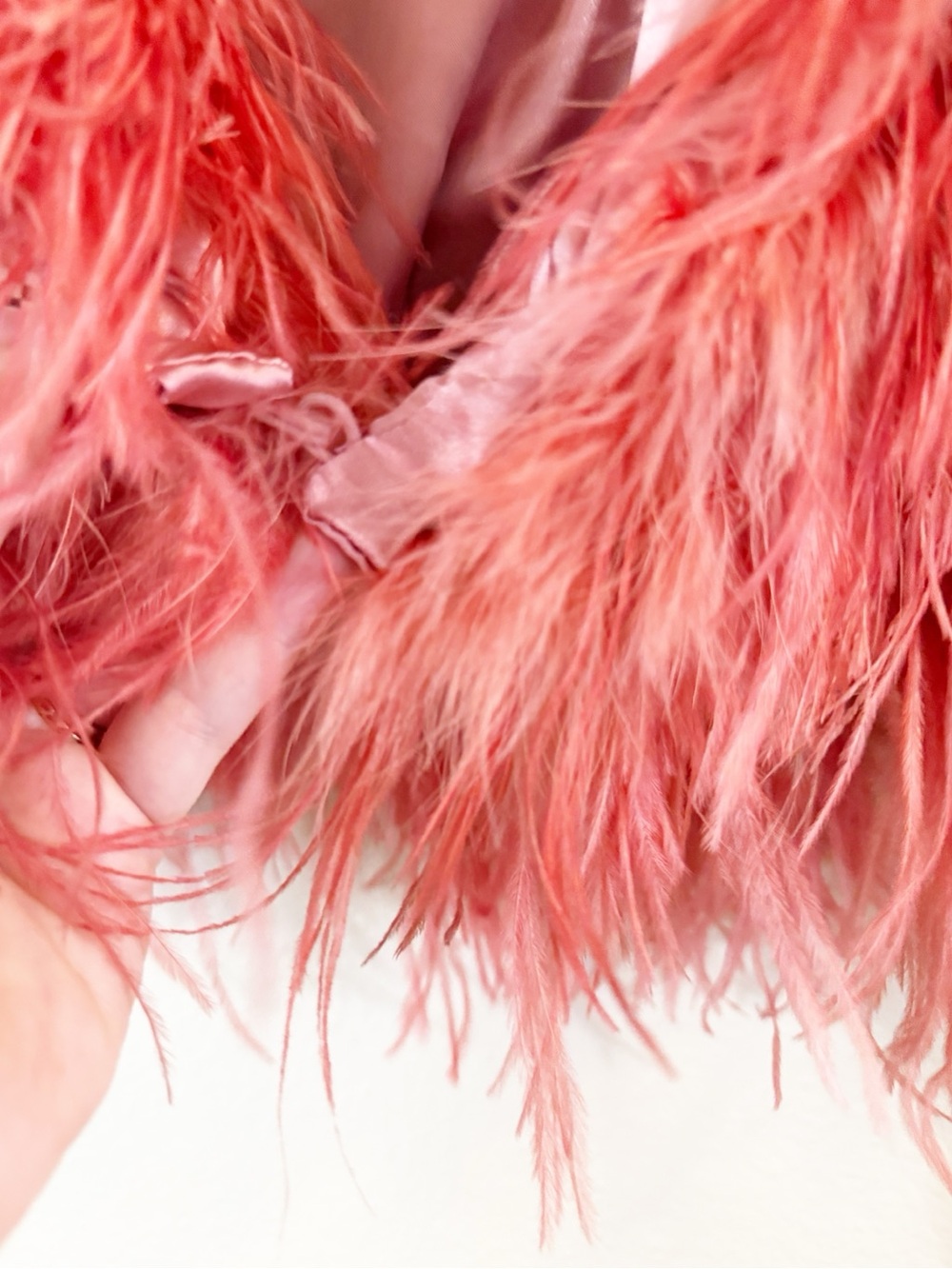 Adrienne Landau Ostrich Feather Coral Pink Button Front Capelet Cover Up Jacket - Picture 10 of 10
